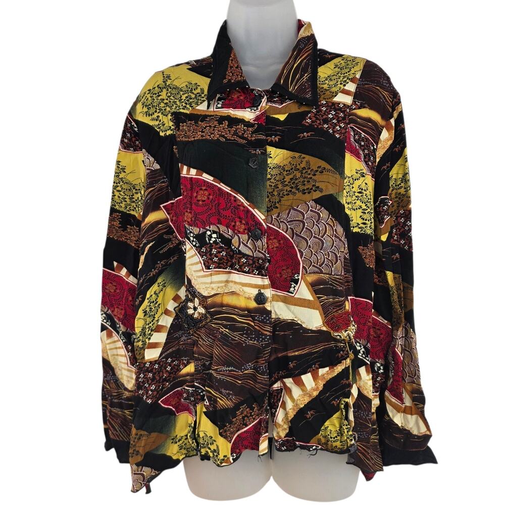 Key Lime Pie Top Women XL Print Shirt Button Front Long Sleeve Rayon Multicolor